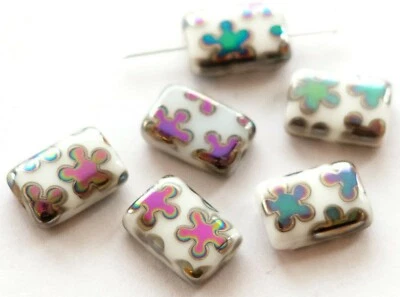 4 CZECH PRESSED GLASS METALLIC RECTANGLE / LOZENGE BEADS, WHITE, 12 x 8 MM - Image 1 of 4