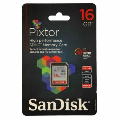 NEW SanDisk Pixtor High Performance SDHC Memory Card, 16GB Waterproof 1080p - Image 1 of 2