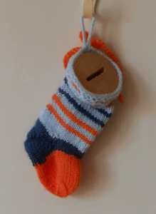 Sparstrumpf/Sparsocke "bunte Streifen, hellblau" Handgestricktes UNIKAT - Bild 1 von 2