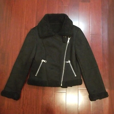 Womens Biker Faux Suede Black Moto Jacket Sherpa Lining - Image 1 of 4
