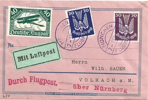 Germany 1925 110pf Airmail Cover from Munchen to Volkach - Picture 1 of 2