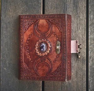 A5 Amethyst Brown Triple Moon Leather Journl | 220 Antique Page | Brass C Lock - Picture 1 of 3