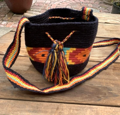 Wayuu Crochet Drawstring Bucket Bag Aztec Tribal Ethnic Black Multicolor - Image 1 of 4
