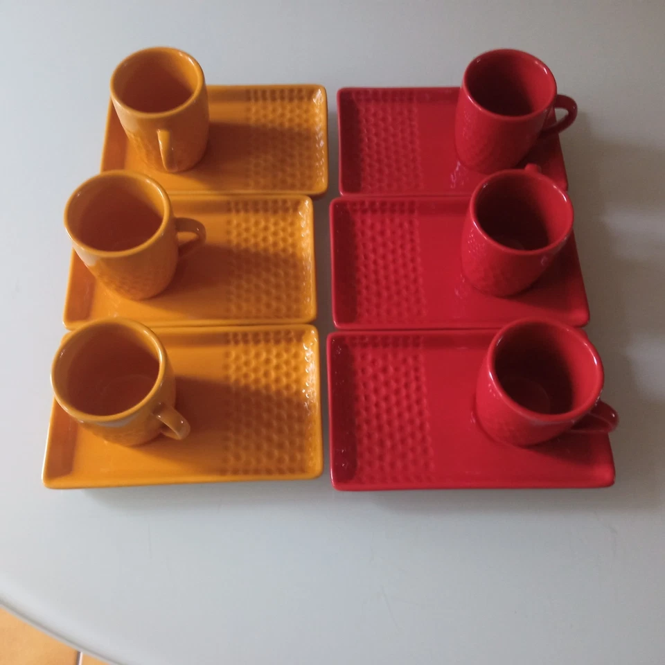 GENEVIEVE    LETHU    grain de riz 6  tasses  et  sous tasses à  café    VINTAGE - Photo 1/4