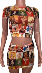 Playboy Bunny Mesh Semi-sheer Pin-Up Celebrity Model Covers 2 Pc Top Skirt Set - Picture 1 of 3