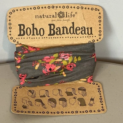 Natural Life Boho Bandeau Gray with Pink Floral Headband New - Image 1 of 4