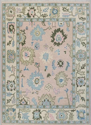 Hand Knotted Light Pink Floral Oushak Rug 8x10 9x12 10x14 12x15 Bedroom Area Rug - Image 1 of 4