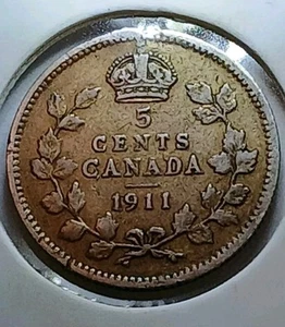 1911 Canada 5 Cent 92.5% Silver Five Cents King George V Canadian Coin - Picture 1 of 2