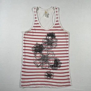Vintage Y2K Tank Top Womens Large White Red Stripe Floral Glitter Racerback - Picture 1 of 10