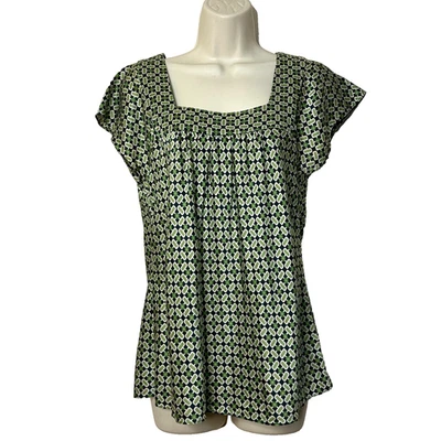 Banana Republic Green Silk Art Deco Square Neck Flutter Cap Sleeve Top Women's S - Image 1 of 4