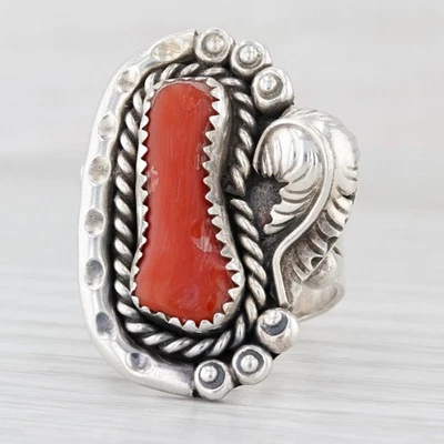 Anillo grande vintage de coral nativo americano de plata de ley talla 10,5 firmado artesanalmente Foto 1 de 4