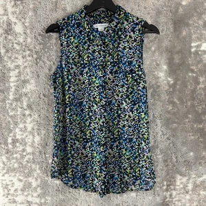 Liza Claiborne Size M Pixelated Geometric Sheer Button Top Colorful Sleeveless - Picture 1 of 8