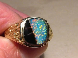 Men' s Opal and Obsidian  Ring ,  14 k Gold , Brilliant Gem Opal , Size 10 3/4 - Picture 1 of 10