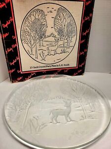 L.E Smith Serving Glass Platter Deer Winter Scene In Box 13"