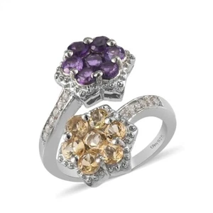 1.80ctw Amethyst & Citrine Bypass Flower Ring Platinum Plated Size 7 - Picture 1 of 6