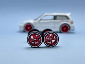 R120 - OEM 1:64 Hotwheels Rubber Tire Wheels Real Riders Set # 5 Spoke Red White - Picture 1 of 5