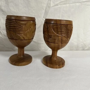 Vintage Hand Carved Wood Tiki Goblets Wine Glass Set Of 2 - Made In Philippines - Picture 1 of 15