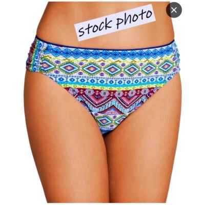 NEW La Blanca Swim Bathing Suit Bikini Bottom Size 14 Blue Shirred Aztec Beachy - Image 1 of 4