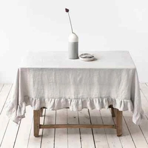 100% Pure Linen Ruffles Table Cover,Natural Fabric Flounce Tablecloth - Picture 1 of 24