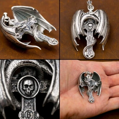 Colgante de plata de ley 925 calavera crucifijo cruz serpiente dragón grande 35g Foto 1 de 4