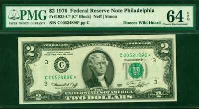 2 Dollars Bill 1976  "C" STAR  ( PMG 64 )  World paper money currency banknotes - Image 1 of 3