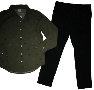 Crazy 8 by Gymboree Green Holiday Button Up Shirt Black Corduroy Pants 7 7-8 - Image 1 of 4
