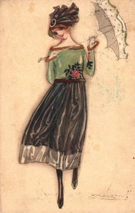 Glamour Fashion signed Artist Mauzan Girl with Umbrella Vintage 1918 Postcard - Picture 1 of 2