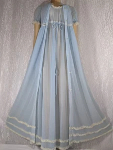 Vintage VAL MODE Lingerie Nightgown Peignoir Blue Robe Set Ivory Ruffle Lace S - Picture 1 of 22