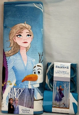 Juego de baño para niños Disney Frozen II alfombra de baño y cortina de ducha con ganchos 14 piezas nuevo Foto 1 de 4