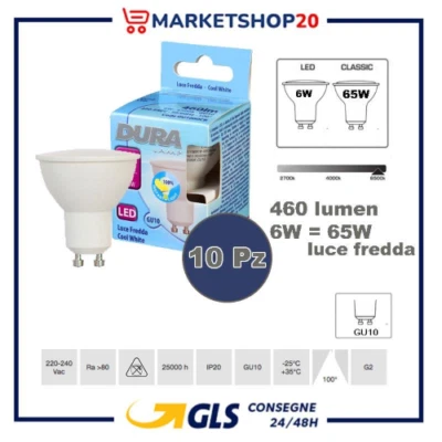 LED FARETTO GU10 6400K 6W DURALAMP CONFEZIONE 10 PZ