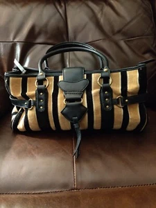 NWOT Maggi B Purse Black Mustard & White Multicolor Stripe Short Shoulder Strap - Picture 1 of 8