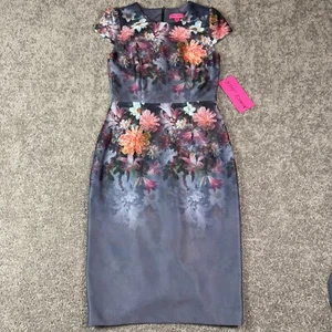 Vtg Betsey Johnson Dress Womens 4 Gray Pink Daisies Flowers Pencil Scuba Small - Picture 1 of 10