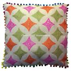 Indian Cotton Throw Pillow Cover Embroidered Terry Weave Pom Pom Pillowcase