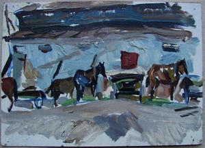 Ukrainian Soviet USSR Oil Painting impressionism horse stable - Picture 1 of 4