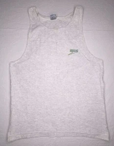Vintage Speedo Men's L White Grey Sleeveless T-shirt Beach 90s Big Spell Out - Picture 1 of 8