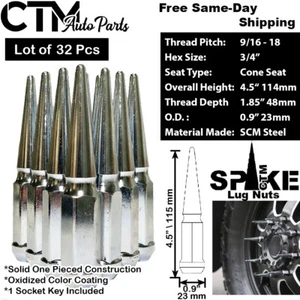 32Pc 4.5" TALL CHROME 9/16-18 SPIKE LUG NUT+KEY FIT FORD F250/F350 E150/250/350 - Picture 1 of 2