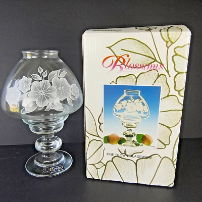 Blown Glass Hurricane Lamp 7 1/4” Pasabahce Blossom Made In Turkey Etched Floral - Image 1 of 4