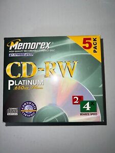 Memorex 5 Pack High Speed CD-RW 4x Data 650MB/Mo 74 Minute Music platinum