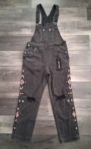 Driftwood Brady Aztec Embroidery Boyfriend Denim Overalls Washed Black Medium - Picture 1 of 16
