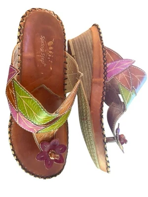 Spring Step”Carolyn”Wedge-Floral Multi Color-Thong Slide Sandal-Sz.37/7 Nice!! - Image 1 of 4