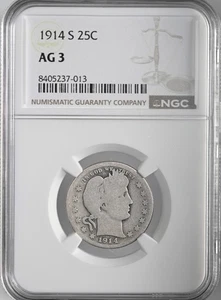 1914-S  25C BARBER SILVER QUARTER  SAN FRANCISCO MINT  NGC AG3 #8405237-013 - Picture 1 of 4