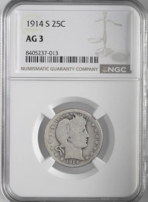 1914-S  25C BARBER SILVER QUARTER  SAN FRANCISCO MINT  NGC AG3 #8405237-013 - Image 1 of 4