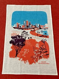 Vintage Linen Tea Towel w Kings Park Perth WA Pattern Jane King Kitchen Art Gift - Picture 1 of 10
