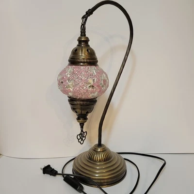Turkish Moroccan Mosaic Bohemian Swan Neck Bedside Tiffany Lamp Light, 19" Pink - Image 1 of 4