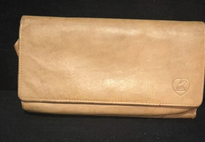 皮革钱包女式双折金色棕色柔软皮革优质 — 第 1/4 张图片