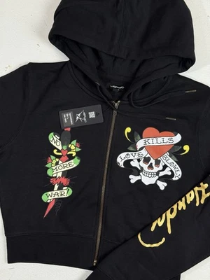 Ed Hardy Cropped Zip Hoodie Women Size Large Jacket Skull Love Kills Slowly New - Image 1 of 4