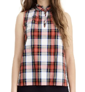 J Crew Shirt Top Sleeveless Tartan Plaid Ruffle Neck Women Size 0 NWT - Picture 1 of 7