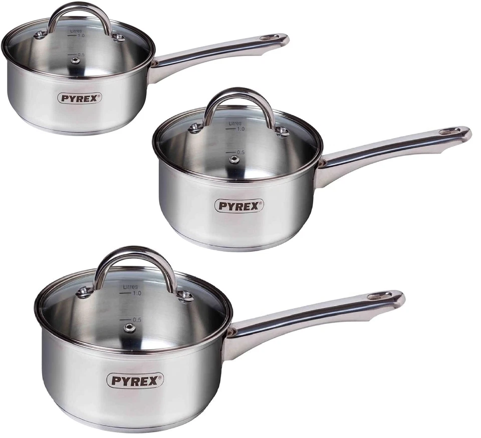 Saucepan Cooking Steel with Lid Pyrex Kitchen Master Cookware all size Stainless