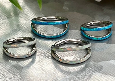 1pc Double Opal Lined Titanium Hinged Segment Ring Septum Hoop Helix Daith - Image 1 of 4