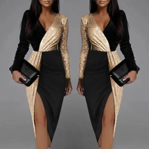 Long Sleeved Gold Black Sequin Party Dress - Picture 1 of 7